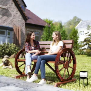 Fir Wood Bench with Wagon Wheel Armrests, Capacity 2 Seater