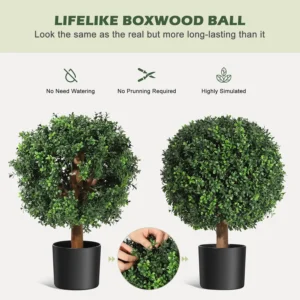 2pcs 24 Inch Artificial Topiary Boxwood Ball Trees, UV Resistant Plants